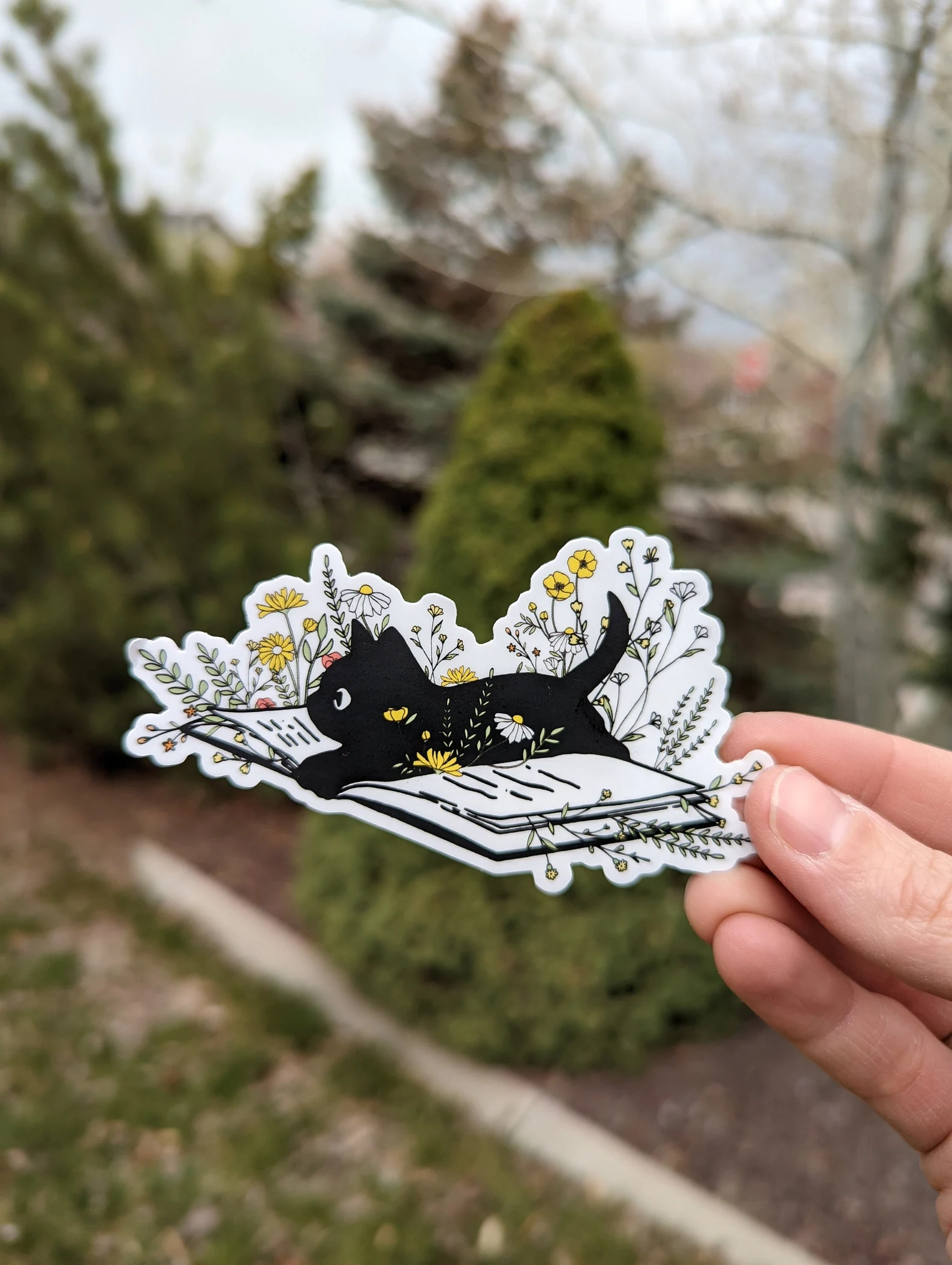 A sticker featuring a black cat laying on an open book surrounded by flowers
