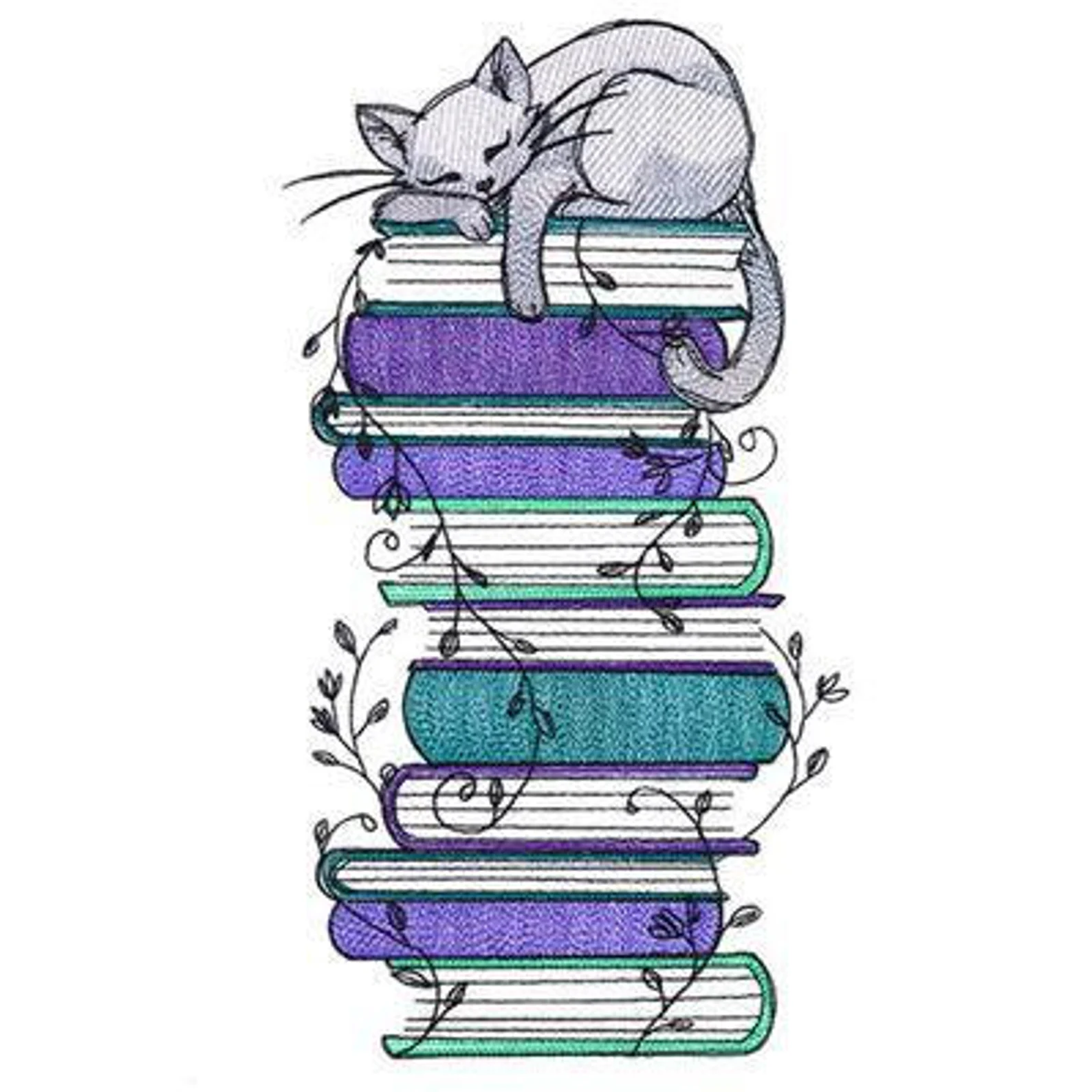 Purple, green, and blue book stack with a gray cat. 