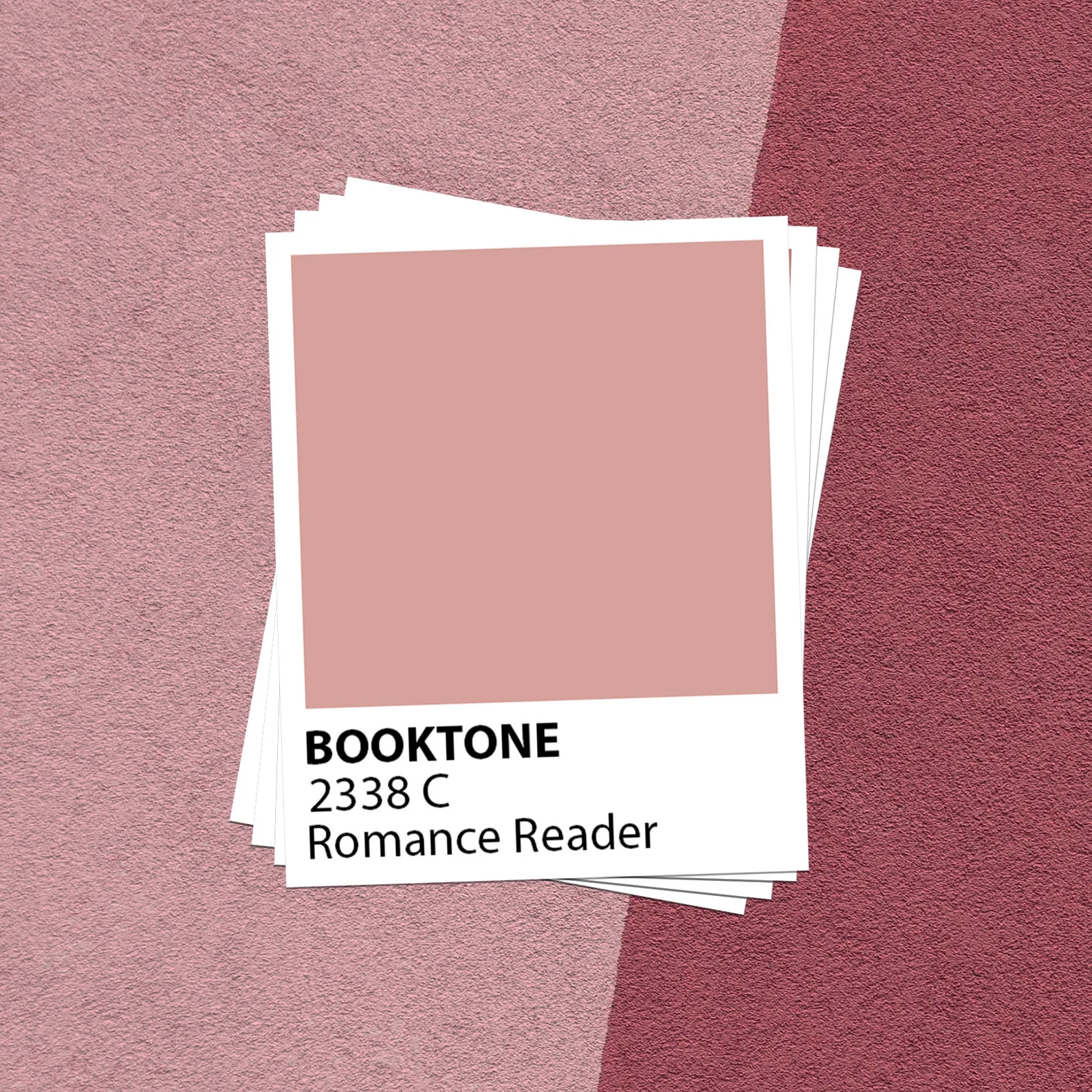 Image of a sticker in the style of a Pantone color swatch. It says "booktone," with a color number and name "romance reader." It is pink. 