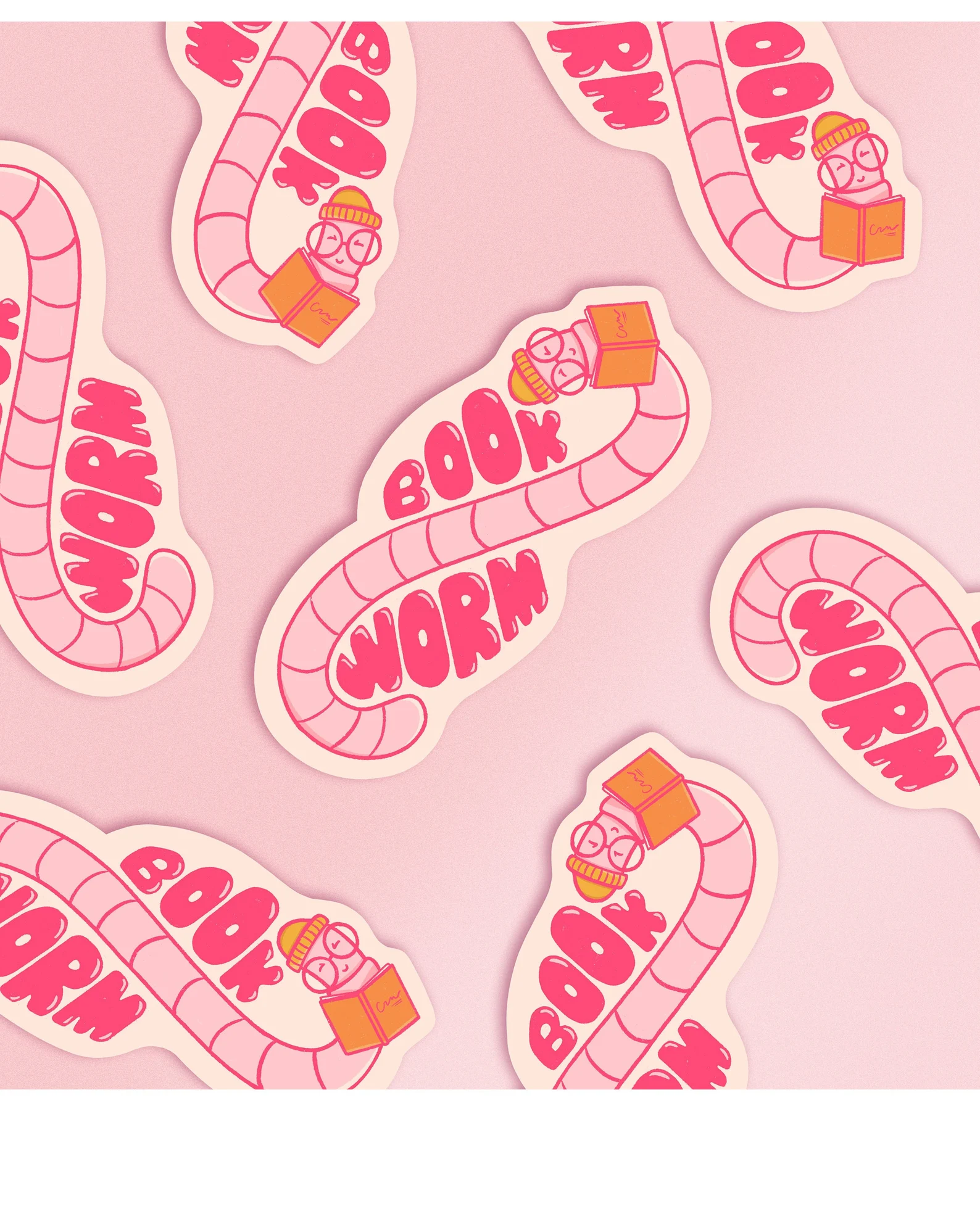 Several pink stickers featuring a worm wearing a hat. The words "book worn" surround it. 