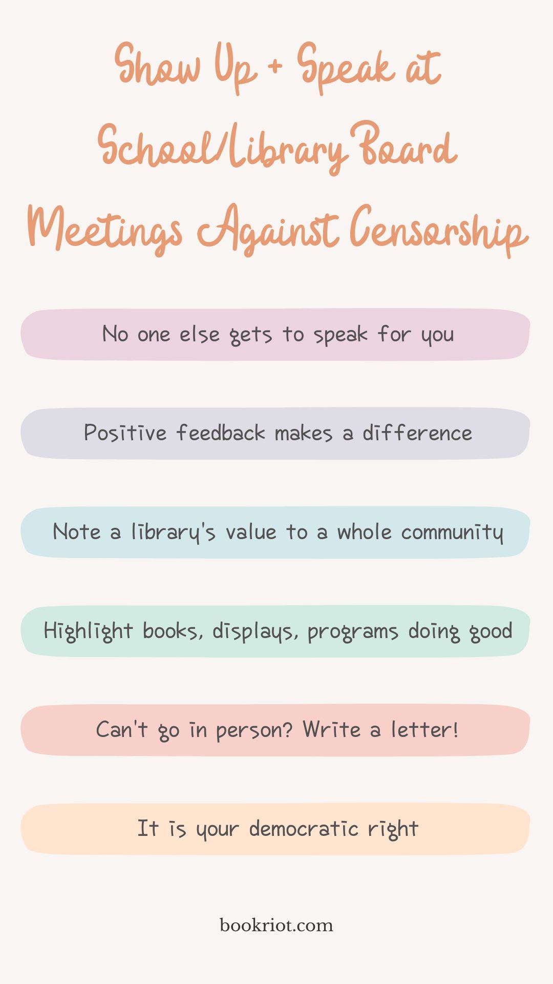 Shareable graphic featuring a list of reasons why showing up to school and library board meetings is important. These are highlights from the above text. 