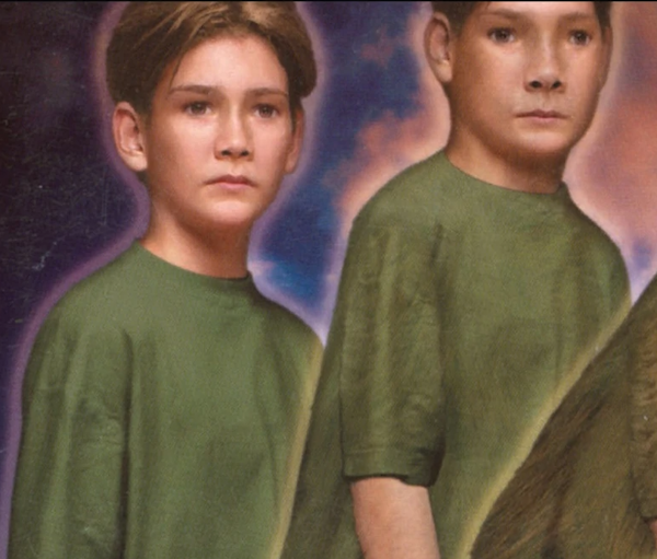 A cropped cover showing a depiction of a boy, and then another image of that boy with his face slightly changed