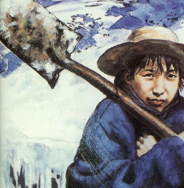 Showing a crop cover to an Asian boy holding a shovel in the snow