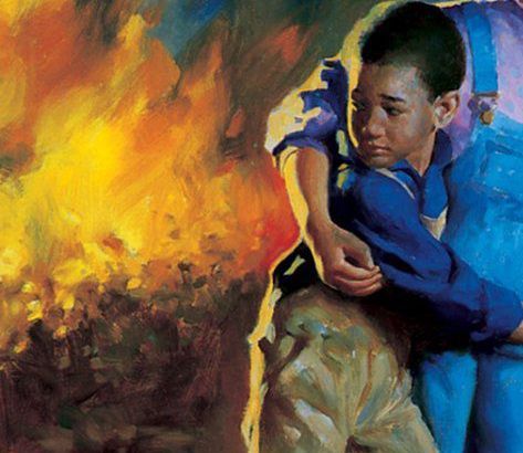 a cropped cover showing a Black boy looking back at flames while clutching someone else's waist who is out of frame