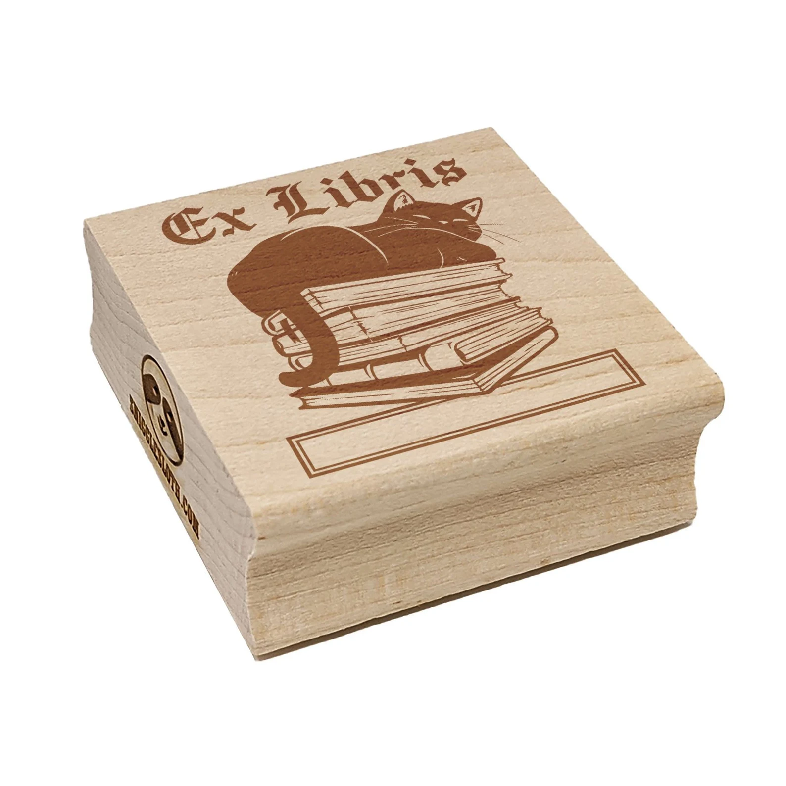 Image of a book stamp featuring a black cat on a book stack. 