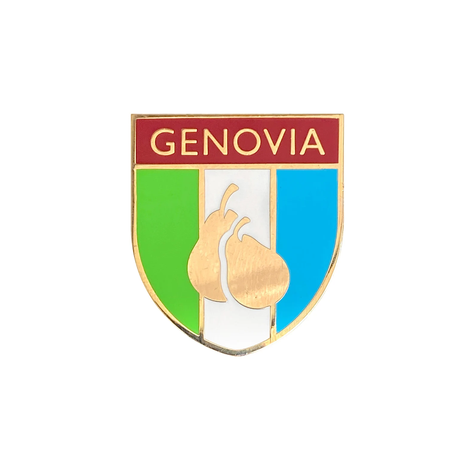 An email pin in the shape of the Genovia flag with gold pears on it