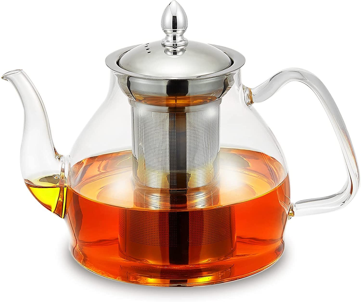 glass teapot with infuser insert with amber colored tea in it
