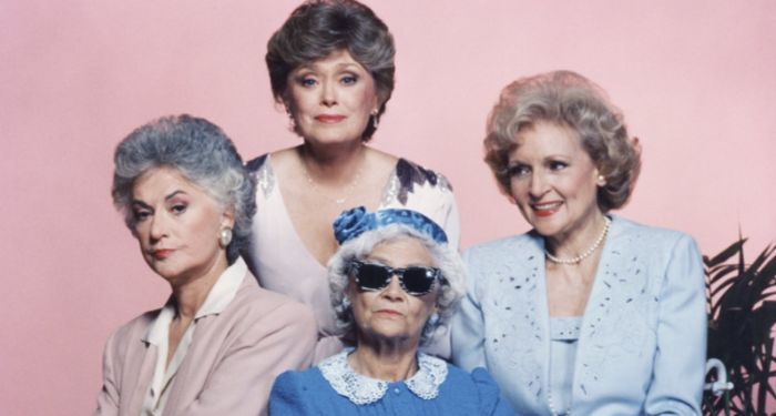 actresses Estelle Getty, Rue McClanahan, Bea Arthur, and Betty White in a 1985 promotional image for The Golden Girls TV show