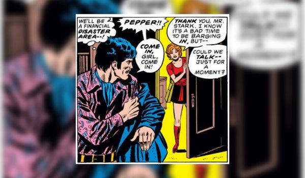 From Iron Man #57. Tony, wearing a pink-and-blue shirt and blue ascot, welcomes Pepper into the room.
