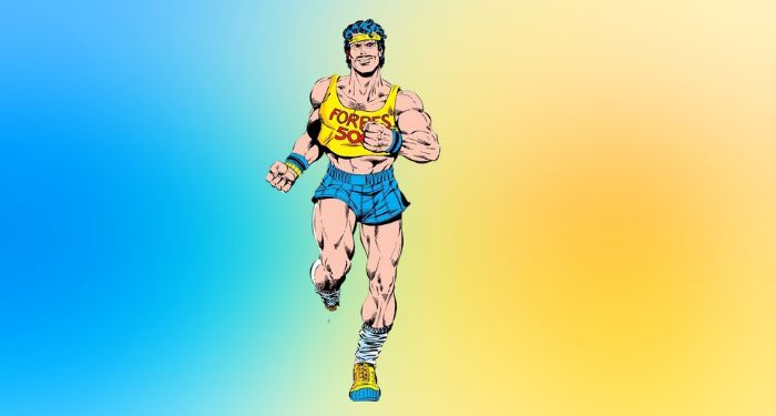 Iron Man dressed in very short blue running shorts, a yellow cropped sleeveless tee, and a blue sweatband