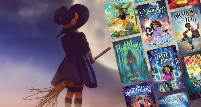 middle grade witch books collage with a young witch on a broom stick