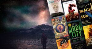 fantasy audiobooks collage with a man's figure walking towards a mountain and a colorful sky