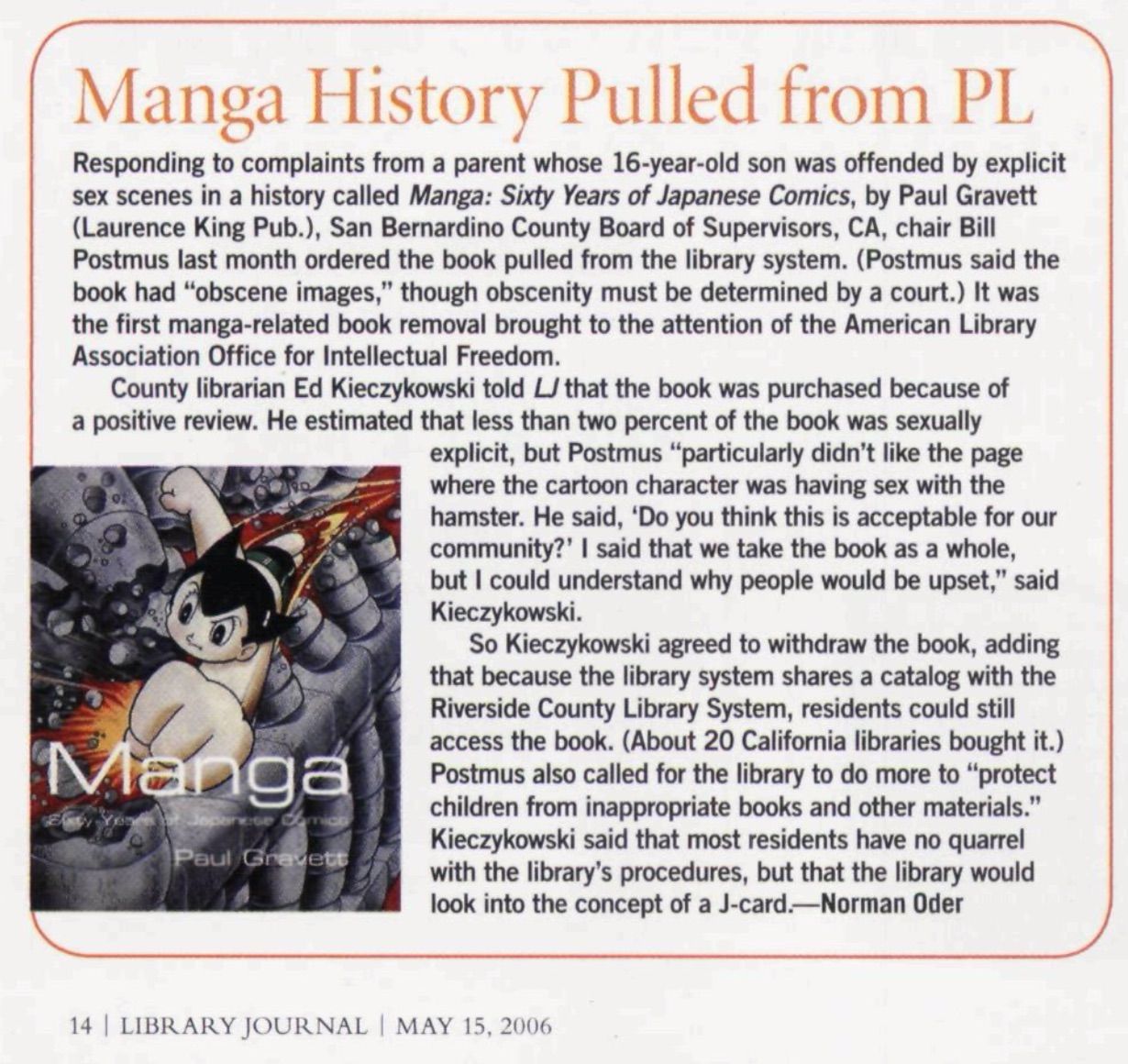 Image of an article from May 15, 2006 Library Journal about a manga guide being pulled from San Bernardino County Library. 