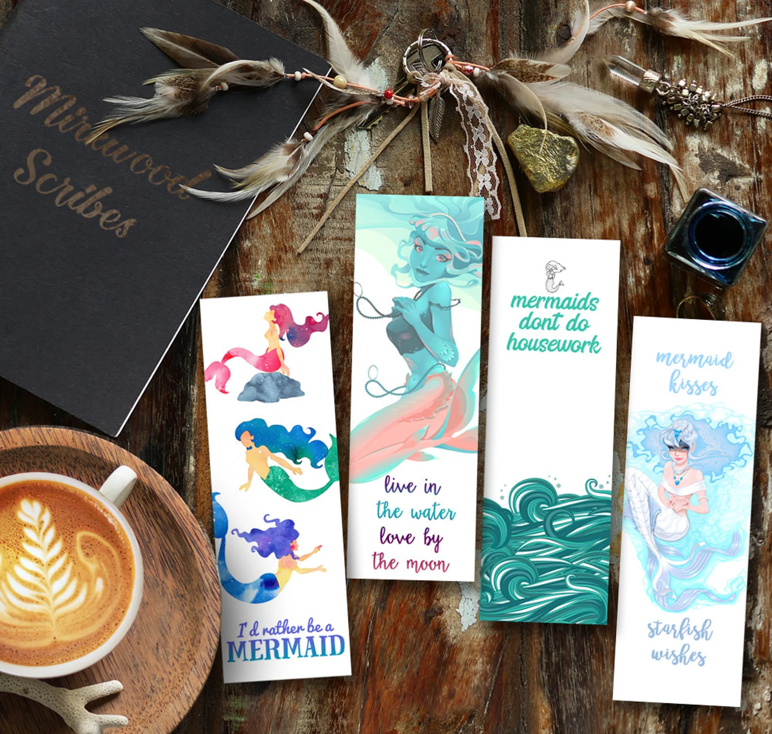 A spread of four mermaid themed bookmarks