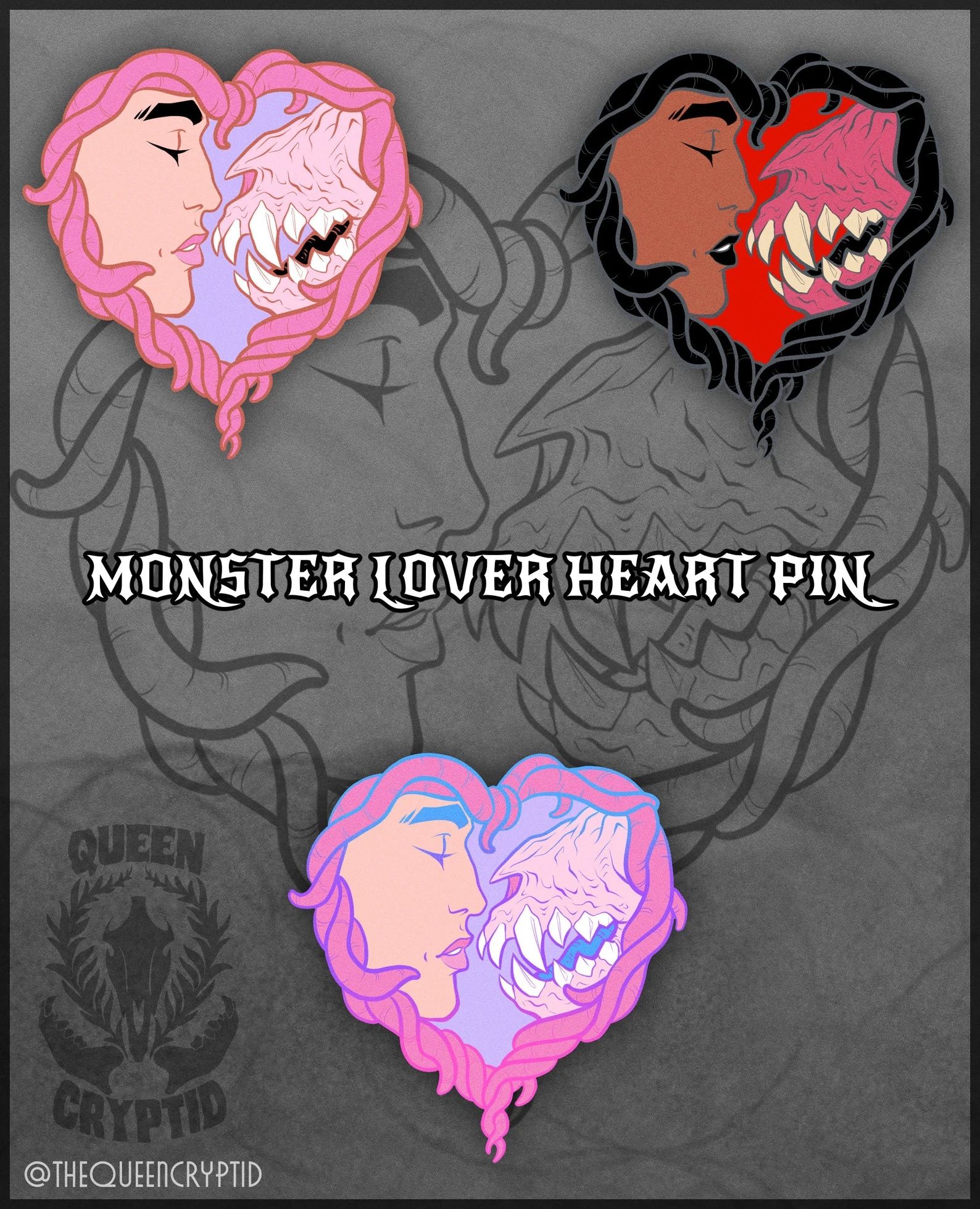 Heart-shaped pins with women facing toothy monster jaws