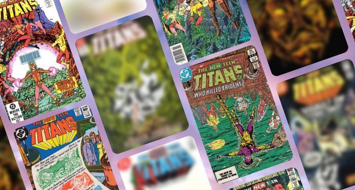 collage of eight covers of New Teen Titan comics, all drawn by George Perez