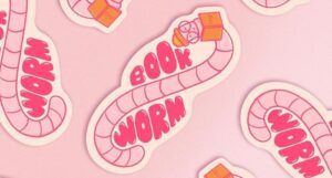 pink book worm sticker