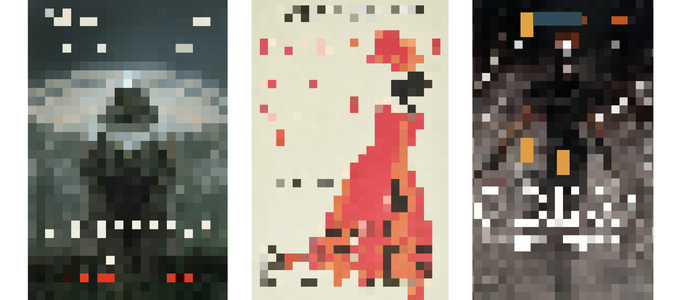 three pixelated covers of sci fi books
