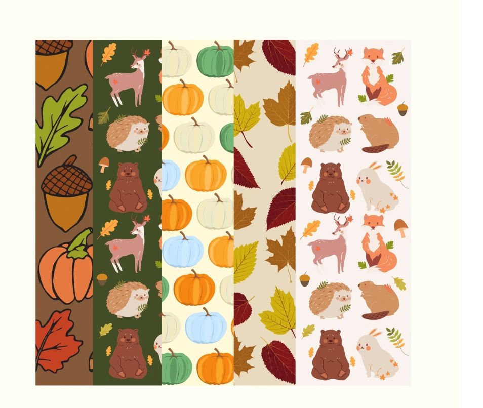 Five different patterned printable bookmarks, including acorns, leaves, pumpkins,. and woodland creatures. 