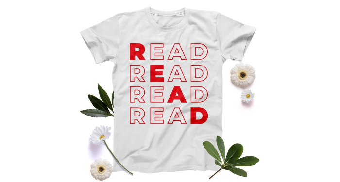 a white shirt with READ in four rows, with READ diagonally in red letters