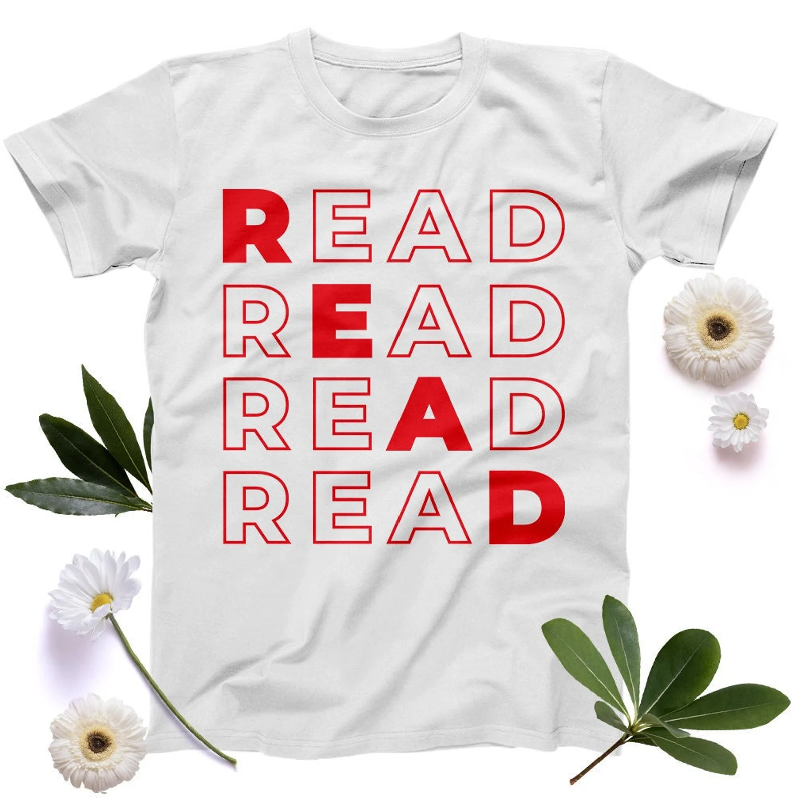 A white t-shirt with red text that says "READ"