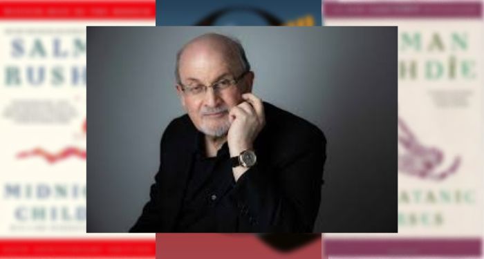 salman rushdie head shot and book covers