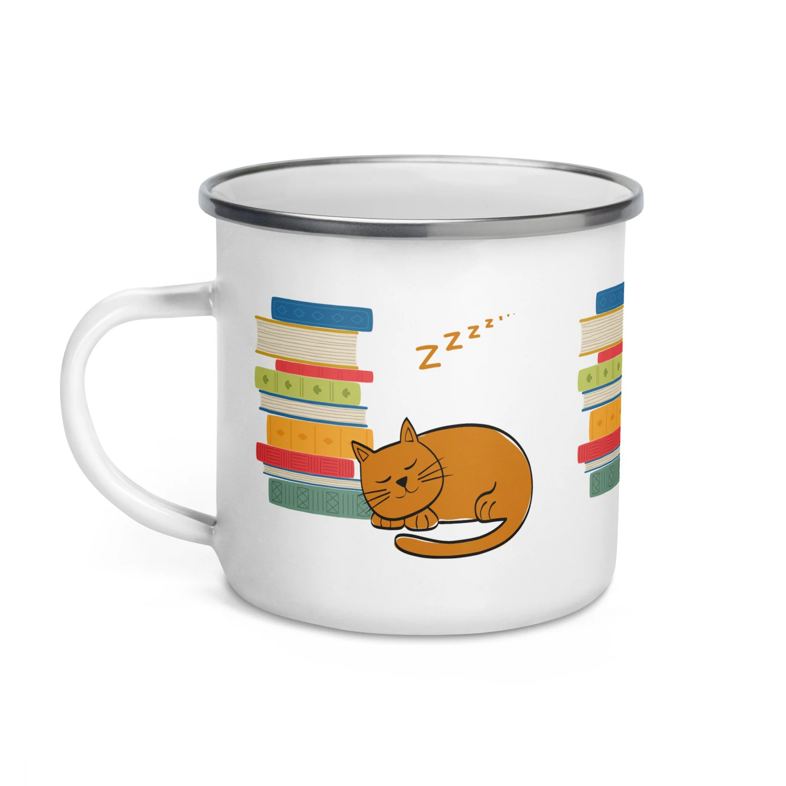 Image of a camping mug featuring an orange cat asleep beside a book stack. 