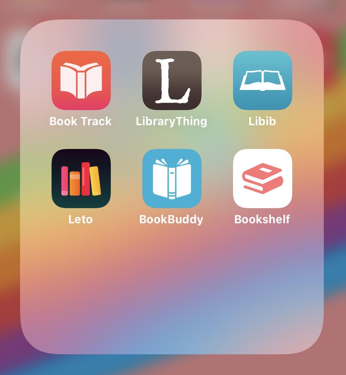 A screenshot of a phone showing 6 app icons. The apps are  Book Track, Library Thing, Libib, Leto, Book Buddy, and Bookshelf. 