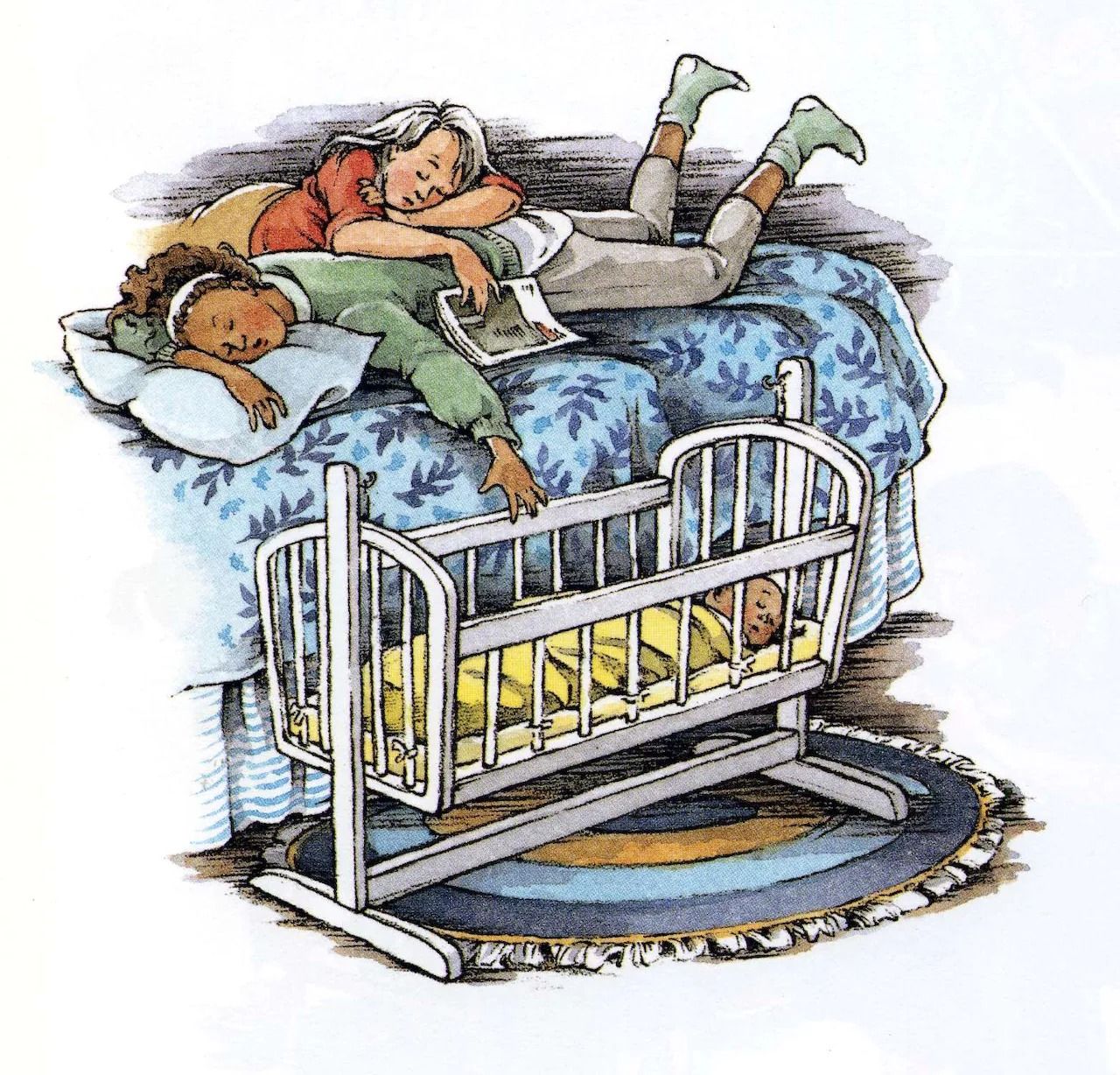 an illustration from Everywhere Babies showing two women who have fallen asleep while rocking a baby in a crib beside the bed