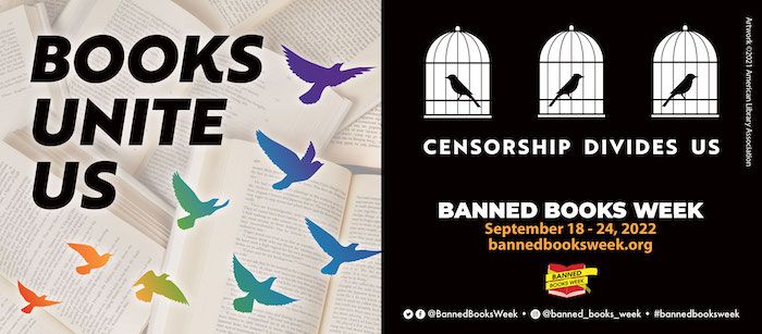 Banned books week social media image with phrase books unite us, censorship divides us. 