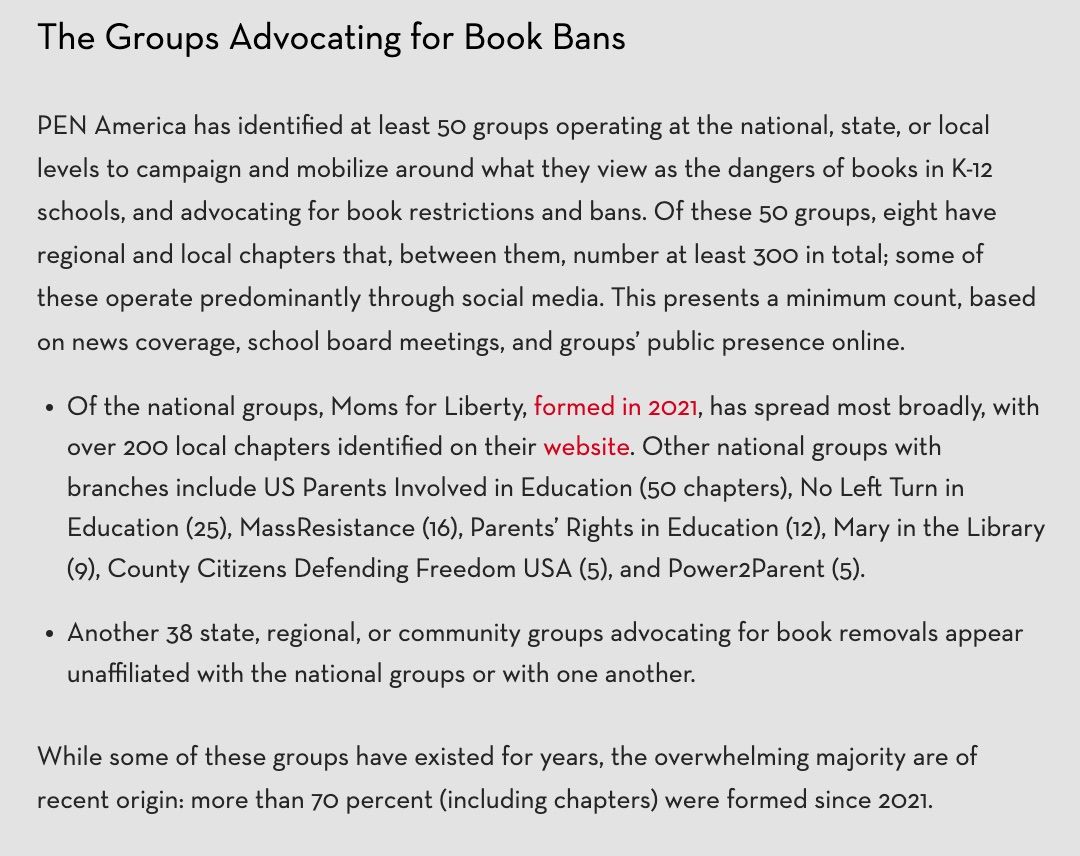 PEN America graphic explaining who the major national book banning groups are. 