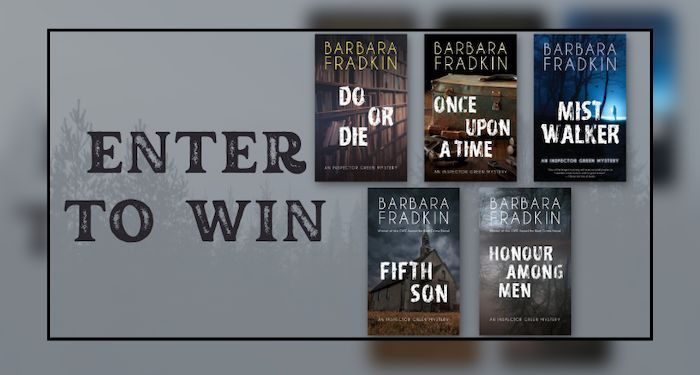 Grey background with black text reading ENTER TO WIN next to the book covers for the complete Inspector Green series by Barbara Fradkin