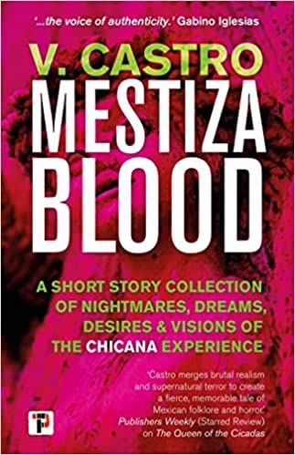 cover of Mestiza Blood by V. Castro; pink overlay of photograph of a statue's face