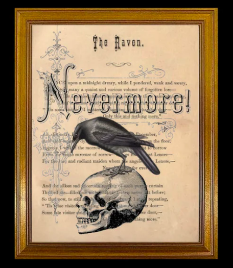A stylized print of The Raven by Edgar Allan Poe with an illustration of a raven standing on a skull over the text