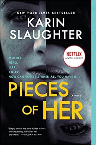 cover of Pieces of Her by Karin Slaughter; photo of a woman's face split in two, with one side upside down