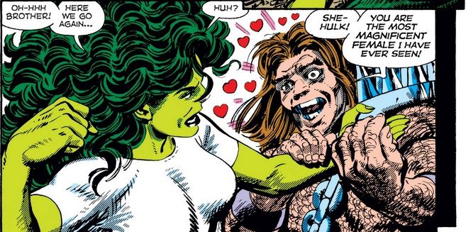 a panel showing Mahkizmo mooning over a confused She-Hulk about to punch him