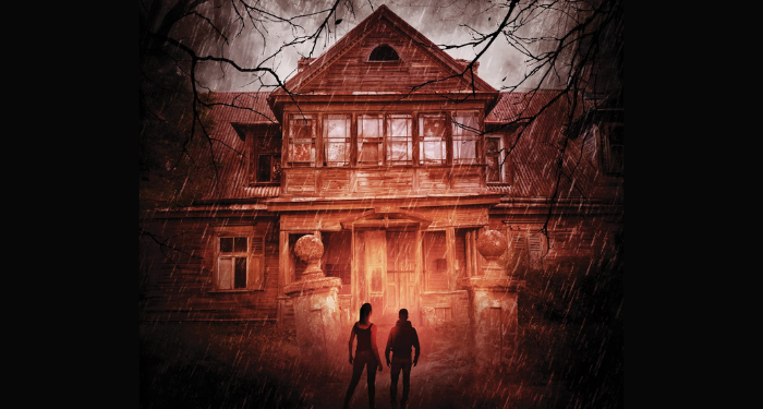 the cropped cover of The Folcroft Ghosts, showing two kids standing in front of a creepy house in shadows