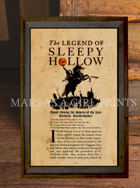 A framed stylized print of the beginning of The Legend of Sleepy Hollow with an illustration of the headless horseman