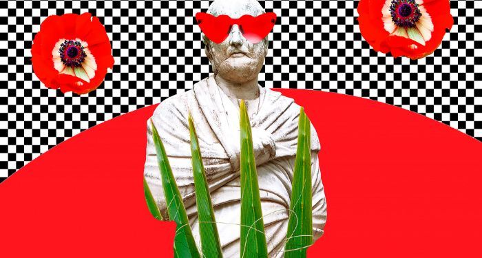 a contemporary, artistic collage with a Greek statue, red flowers, black and white checkers, and green leaves