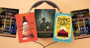 collage of five mystery audiobooks
