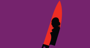 a graphic of a woman's silhouette in the reflection of a knife, from the cover of The Old Woman With The Knife