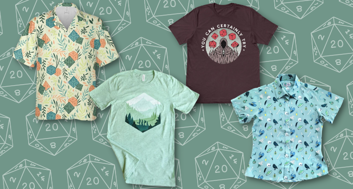 a collage of Dungeons and Dragons shirts against a background of D20s