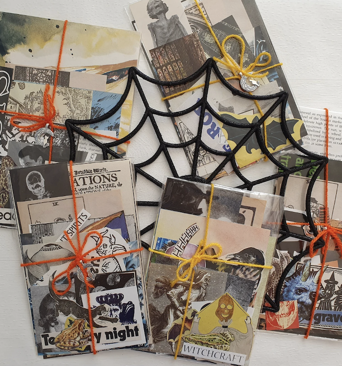 array of Halloween-themed paper bundles