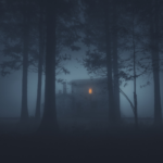 a house in the woods at night, surrounded by fog