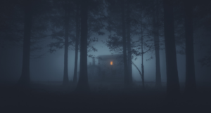a house in the woods at night, surrounded by fog
