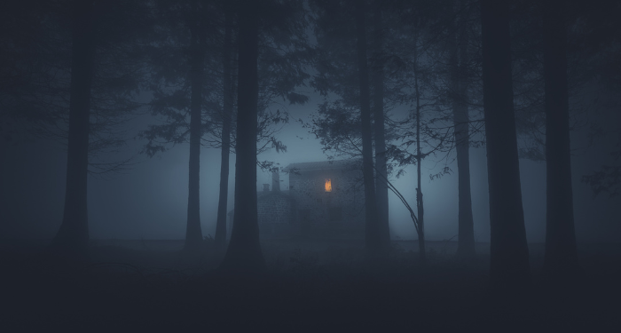 a photo of a house in the woods at night, surrounded by fog