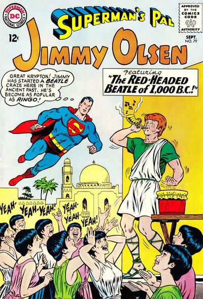 The cover to Superman's Pal, Jimmy Olsen #79. In an ancient Middle Eastern city, Jimmy stands on a stage, wearing a toga and a red Beatles wig and playing a drum and ram's horn simultaneously. A crowd of teens in togas and black Beatles wigs cheer for him in the foreground. Superman is flying in the background, looking shocked.

Superman: Great Krypton! Jimmy has started a Beatle craze here in the ancient past. He's become as popular as Ringo!