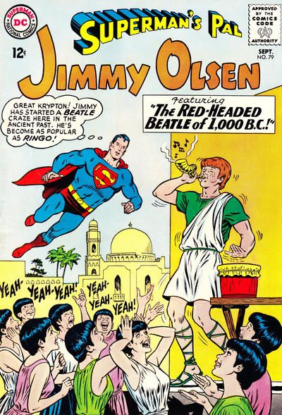 The cover to Superman's Pal, Jimmy Olsen #79. In an ancient Middle Eastern city, Jimmy stands on a stage, wearing a toga and a red Beatles wig and playing a drum and ram's horn simultaneously. A crowd of teens in togas and black Beatles wigs cheer for him in the foreground. Superman is flying in the background, looking shocked.
Superman: Great Krypton! Jimmy has started a Beatle craze here in the ancient past. He's become as popular as Ringo!