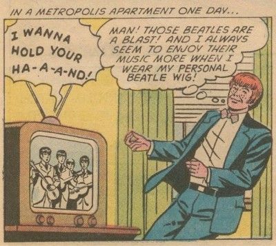 One panel from Jimmy Olsen #79. Jimmy is watching the Beatles on TV and dancing while wearing a red Beatles wig.
Narration Box: In a Metropolis apartment one day...
TV: I wanna hold your ha-a-a-nd!
Jimmy: Man! Those Beatles are a blast! And I always seem to enjoy their music more when I wear my personal Beatle wig!