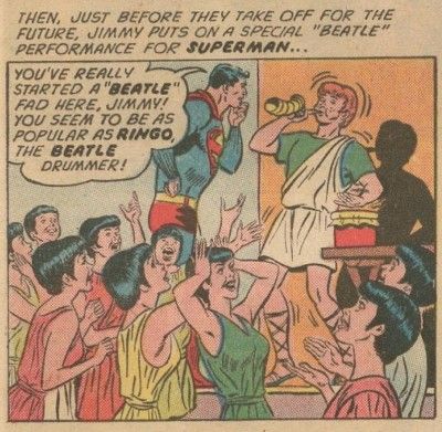 One panel from Jimmy Olsen #79. Wearing his red wig, Jimmy plays the ram's horn and drum while Superman looks on in surprise. Below them, teens in black wigs dance.
Narration Box: Then, just before they take off for the future, Jimmy puts on a special "Beatle" performance for Superman...
Superman: You've really started a "Beatle" fad here, Jimmy! You seem to be as popular as Ringo, the Beatle drummer!